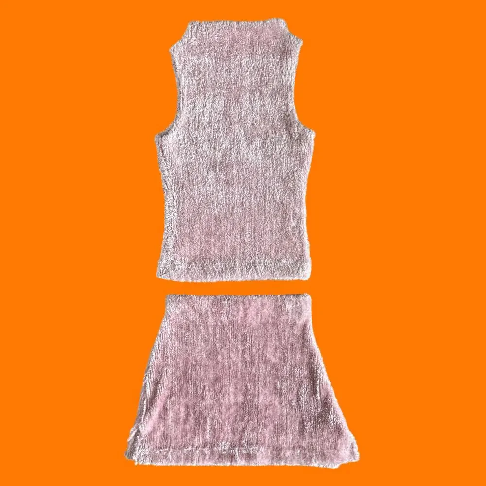 90's vintage baby pink fuzzy 2pc matching set mock neck top mini skirt SMALL